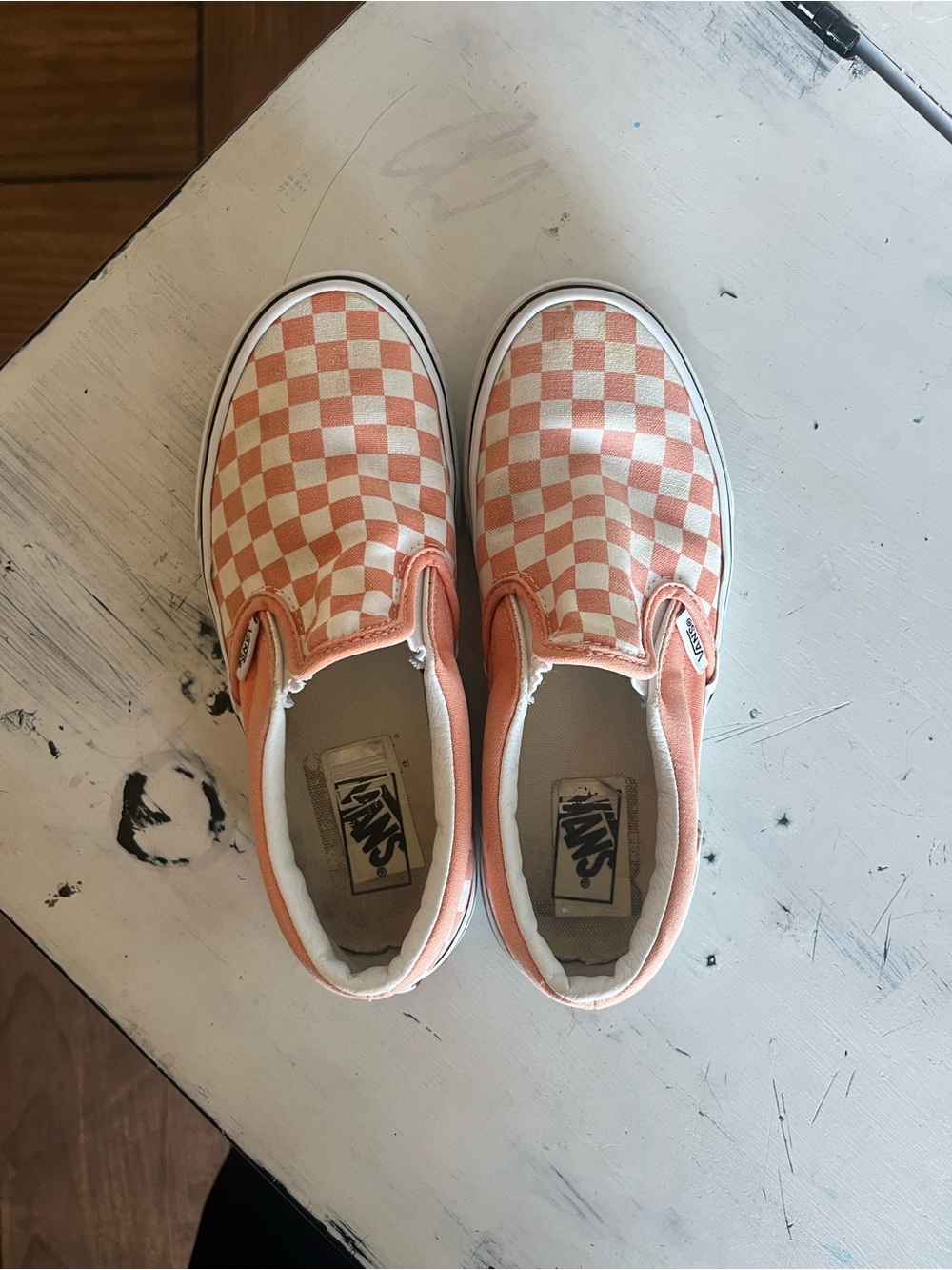 Vans Kids Peach and White Checkerboard Slip-On Sneakers